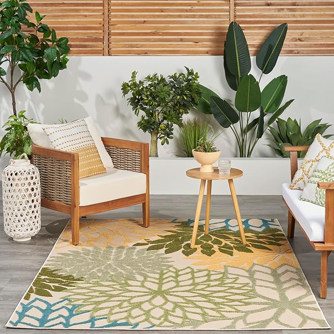Nourison Home Aloha Tropical Indoor/Outdoor Green Multicolor 5'3" x 7'5" Area Rug, Easy Clean, Non Shedding, Bed Room, Living Room, Dining Room, Backyard, Deck, Patio (5x7)