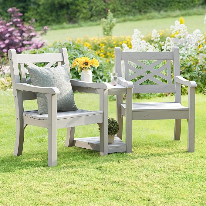 Psilvam Patio Furniture, All-Weather Poly Lumber Outdoor Loveseat, 2-Seater Outdoor Chair with Center Table & Umbrella Hole, Waterproof Accent Chairs Suitable for Lawn, Garden, Terrace (Grey)