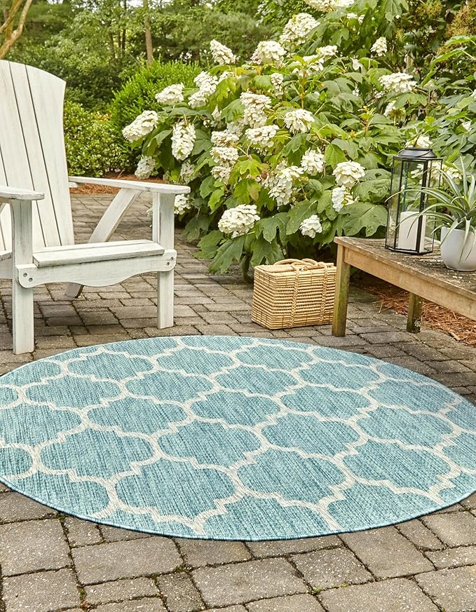 Unique Loom Trellis Collection Area Rug-Lattice Design, Moroccan Inspired for Indoor/Outdoor Décor, 3 ft 3 in x 3 ft 3 in Round, Aquamarine/Gray