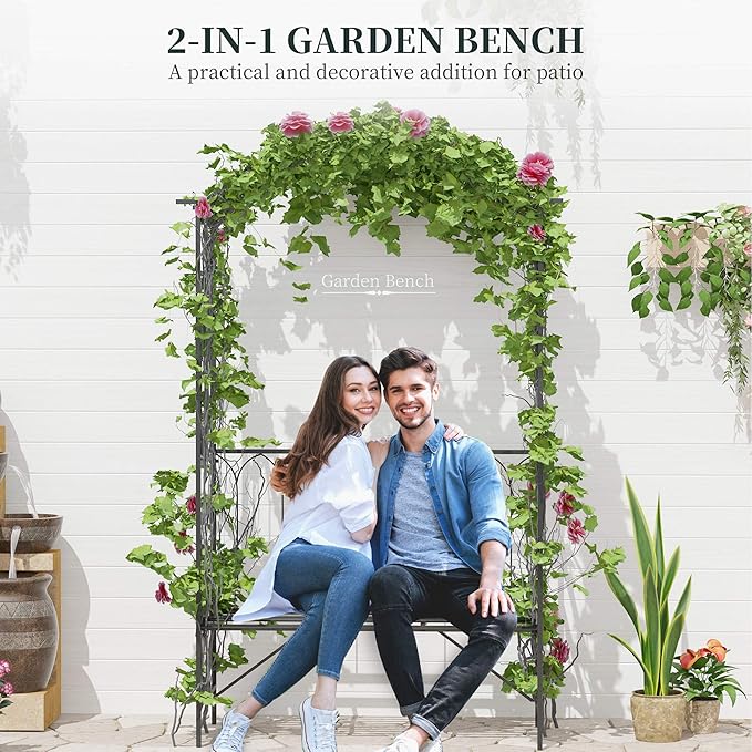 Outsunny Metal Trellis Arbor Arch for Climbing Plants with Garden Bench, Grow Grapes & Vines, Patio Decor & 2-Person Outdoor Steel Decorative Seating, 484 lbs. Weight Capacity, Black