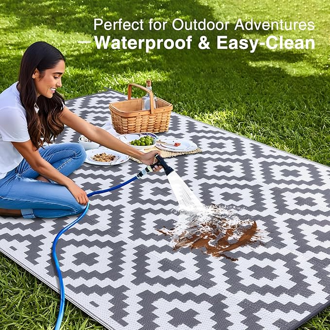 OLANLY Waterproof Outdoor Rug 9x18 ft, Outdoor Plastic Straw Rug for Camping, RV Mat Outside, Outdoor Carpet for Porch, Deck, Backyard, Balcony, Picnic, Grey & White