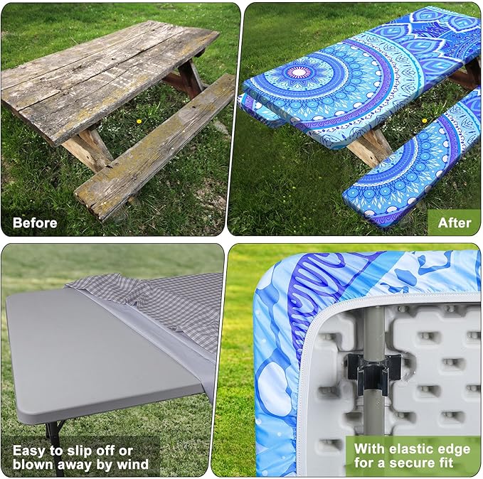 Picnic Table Cover with Bench Covers 6FT 3 Pcs Waterproof Windproof Aesthetic Camping Tablecloth with Drawstring Bag, Fitted for 6 Foot Rectangle Tables and Seats, 72 inch, Light Blue Purple