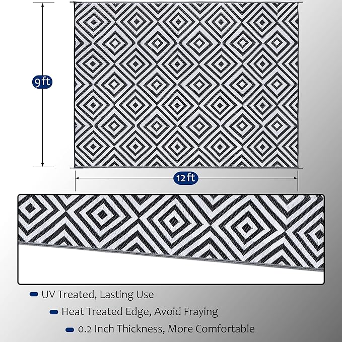 Reversible Mats, Outdoor Patio Rugs, Plastic Straw Rug, Modern Area Rug, Floor Mat for Outdoors, RV, Patio, Backyard, Deck, Picnic, Beach, Trailer, Camping (Diamond Black & White, 9' x 12')