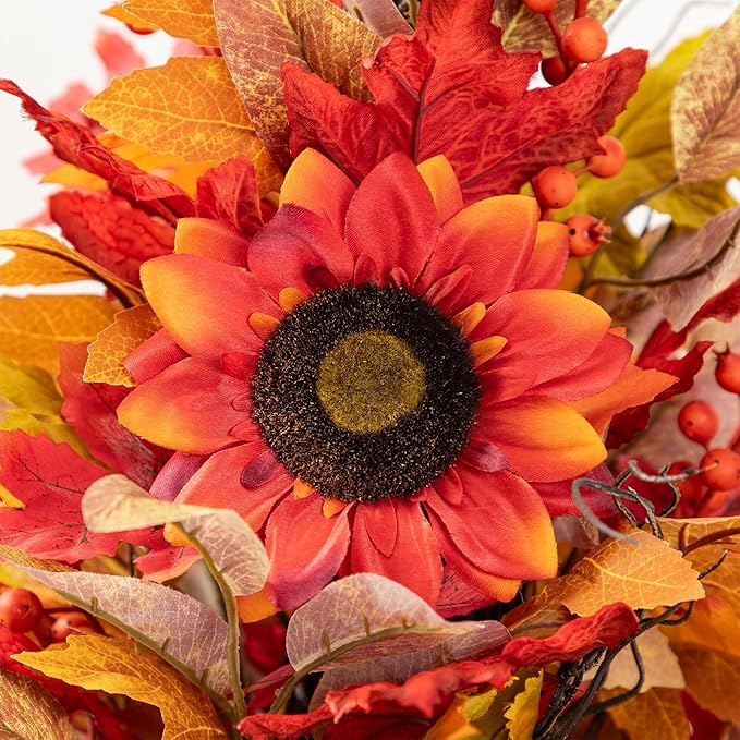 Glitzhome 2 PCS 36”H Fall Porch Tree, Harvest Artificial Porch Tree with Sunflower, Pinecone and Berry Porch & Black Planter, for Autumn Fall Harvest Thanksgiving Christmas Decoration