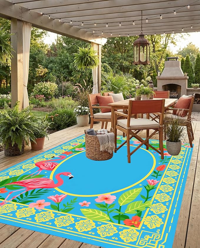 Tropical Floral Flamingo Border Pattern Outdoor Rug for Patio Porch Balcony Deck Garden Washable Waterproof Green Blue Gold Pink 7x12 Outside Carpet Soft Non-Slip Durable RV Camping Pool Mat