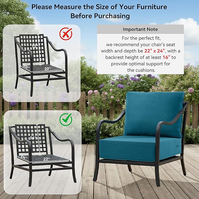 6" Thick Outdoor Cushions 22x24x6, 3-Set Deep Seat Patio Cushions with Removable Cover, Waterproof & Fade Resistant Replacement for Wicker Chair, Loveseat, Sofa - Peacock Green