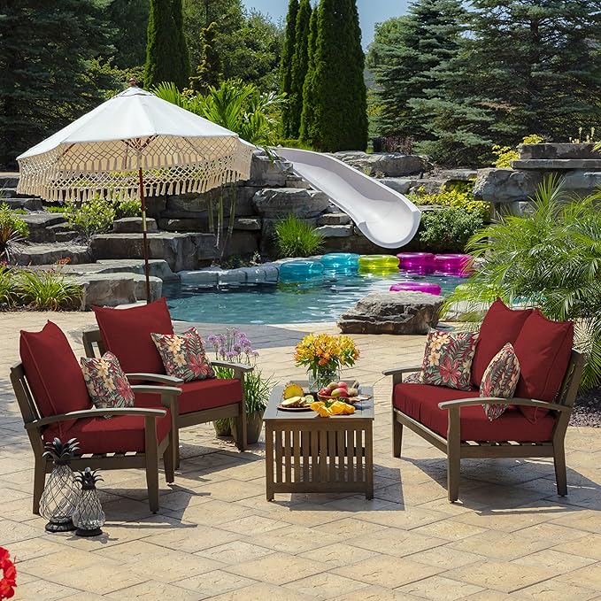 Arden Outdoor Foam Deep Seat Cushion Set, 24 in x 24 in, Weather-Proof, Rain-Proof, Fade Resistant Patio Cushion, Bottom and Back Cushion for Chair, Sofa, and Couch Ruby Red Leala