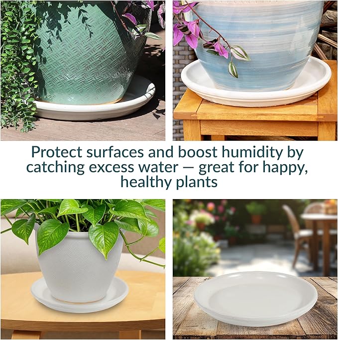Sunnydaze 12-Inch Ceramic Plant Saucers - Plant Drip Trays for Outdoor Planter Flower Pot Drainage - Set of 2 - Pearl
