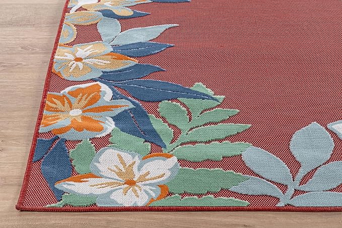 Outdoor Rug 9x12 Washable Area Rugs Indoor Outdoor Carpets Red Border Floral Non Shedding Waterproof Easy Clean Patio Deck Porch Living Room Bedroom Garden RV (9 X 12 Red)