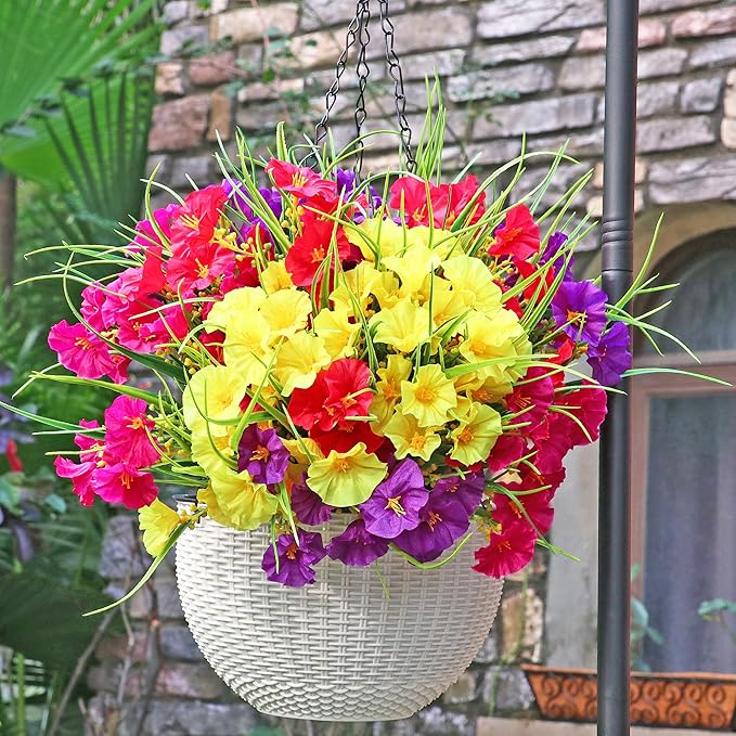 16PCS Artificial Fake Outdoor Flowers Plants, Faux Silk Realistic Morning Glory Floral Arrangement Planter UV Resistant for Porch Patio Window Box Balcony Garden Decor (Wheat Ears 4 Colors)