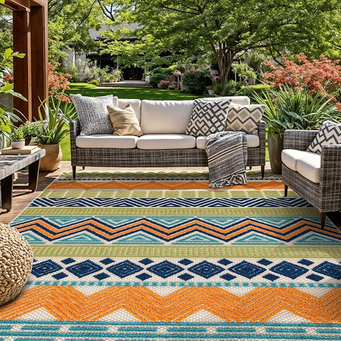Rugshop Multi Marbella Boho Indoor/Outdoor Area Rug, Machine Washable for Backyard, Deck and Outdoor Lounge 9' x 12'