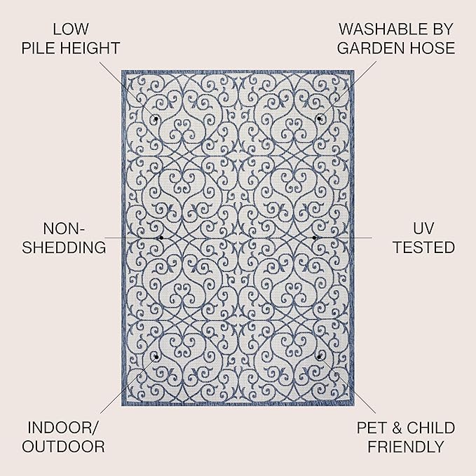 JONATHAN Y Vintage Filigree Indoor Outdoor Area Rug 4X6 Blue/Cream, Madrid Textured Weave for Backyard, Patio, Porch, Easy-Cleaning, High Traffic, Pet-Friendly, Non-Shedding (SMB107F-4)