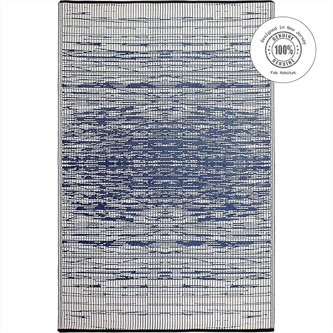 Fab Habitat Outdoor Rug - Waterproof, Fade Resistant, Crease-Free - Premium Recycled Plastic - Distressed Abstract Stripes - Large Patio, Deck, Sunroom, Camping, RV - Brooklyn - Blue - 6 x 9 ft