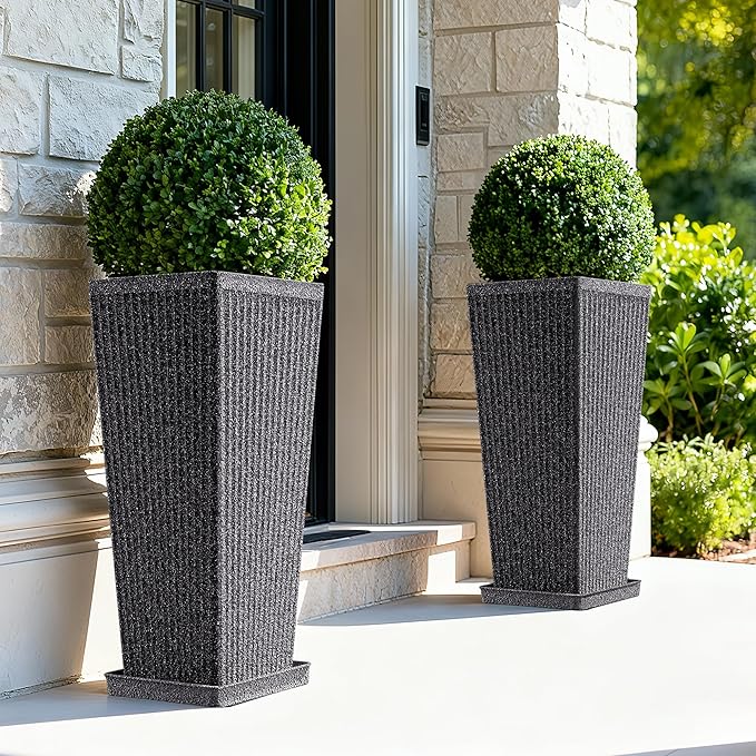 Tapered Tall Planters for Outdoor Plants 2 Pack- 23.6 Inch Heavy-Duty Classic Square Indoor Flower Pots with Drainage Holes/Partition/Tray, Large Outdoor Planters for Porch Patio, Gray