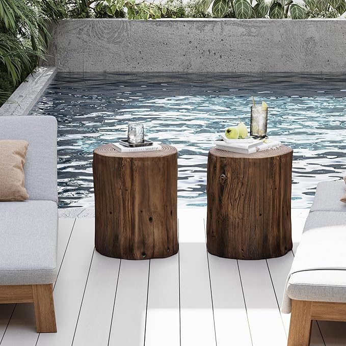 COSIEST 2 Pieses Outdoor Side Table, Hand-Painted Wood Stump Side Table Set of 2, Faux Wood Stool, Ottomans, Plant Stand, Deck or Garden (Black Walnut)