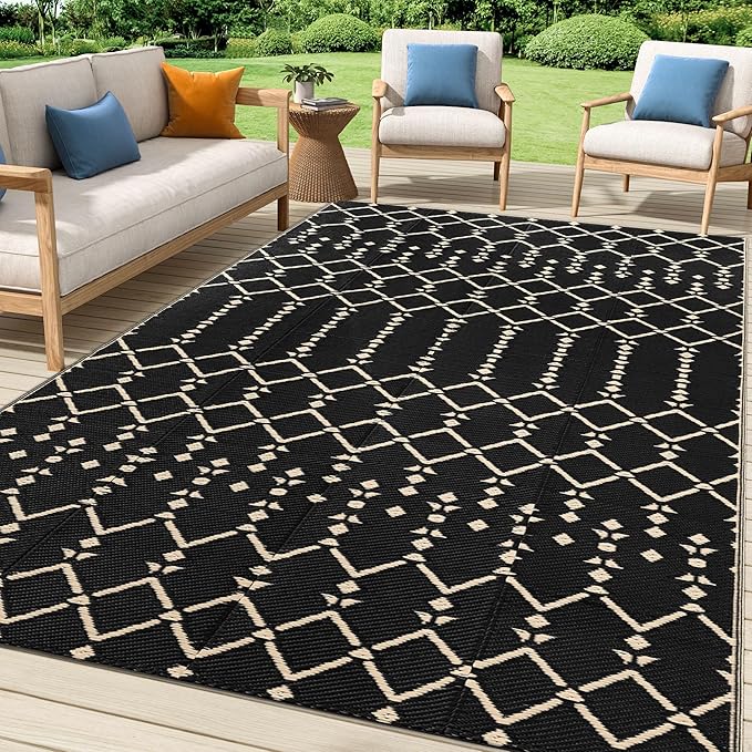 Smiry Outdoor Rug 5x8 ft, Waterproof Reversible Plastic Straw Rugs, Boho Outdoor Area Rug, Outside Floor Mat for Patio, Backyard, Deck, Picnic, Camping, Beach, Champagne