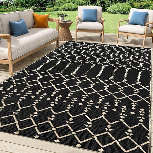 Smiry Outdoor Rug 5x8 ft, Waterproof Reversible Plastic Straw Rugs, Boho Outdoor Area Rug, Outside Floor Mat for Patio, Backyard, Deck, Picnic, Camping, Beach, Champagne
