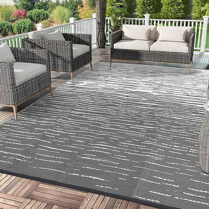 Outdoor Rug 8x10 Waterproof Patio Rugs Abstarct Line Reversible Mat for Front Door Rv Foldable Plastic Straw Carpet for Travel Trailers, Deck, Picnic, Porch, Camper, Balcony, Beach，Grey