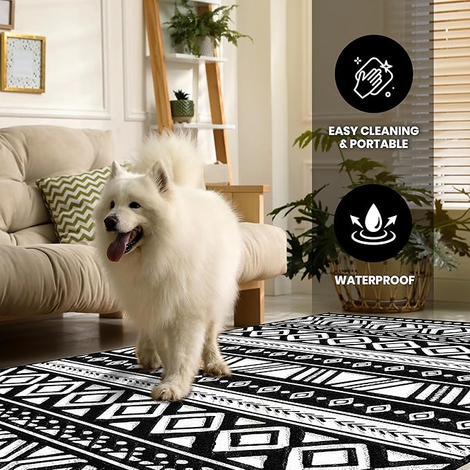 Utopia Home Waterproof Outdoor Rug for Patio 9 x 12 ft, Reversible Plastic Straw Mat for Camping, Picnics, Balcony, Patio, Aztec - Black & White