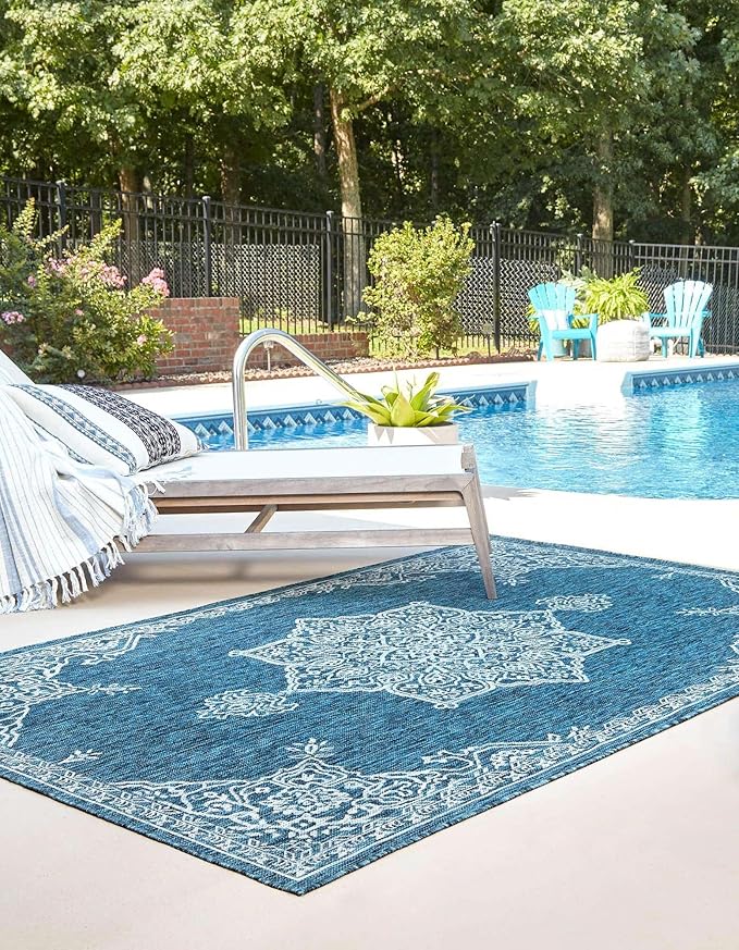 Unique Loom Outdoor Traditional Collection Area Rug - Antique (7' 10" x 10' Rectangle Teal/Ivory)