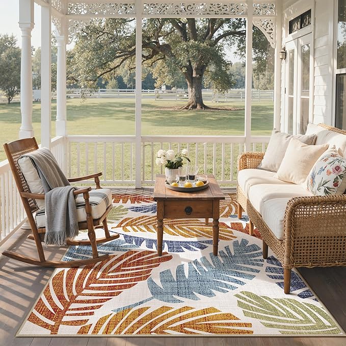 GENIMO Outdoor & Indoor Area Rug 5'x8', Waterproof, Non-Shedding, Easy Cleaning, Leaf Mat for Patio, Living Room, Balcony, Dining Room, RV, Deck, Bedroom, Camping, Outside Carpet, Rust Navy