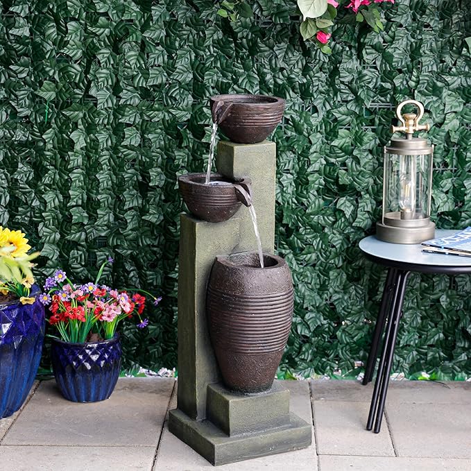 Alpine Corporation 32" Tall 3 Tier Basins Water Fountain with LED Lights, Waterfall Decor, Elegant Cascading Water Feature for Garden, Patio, Yard & Outdoor Spaces, Multi-Color