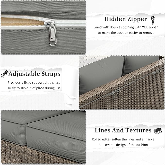 Outdoor Furniture Replacement Cushions, 5" Foam Foam High-Density, Fits 6-seat Sectional Rattan Conversation Set, 14 Piece Patio Water-Resistant Replacement Sofa Cushions, Liner&Cover