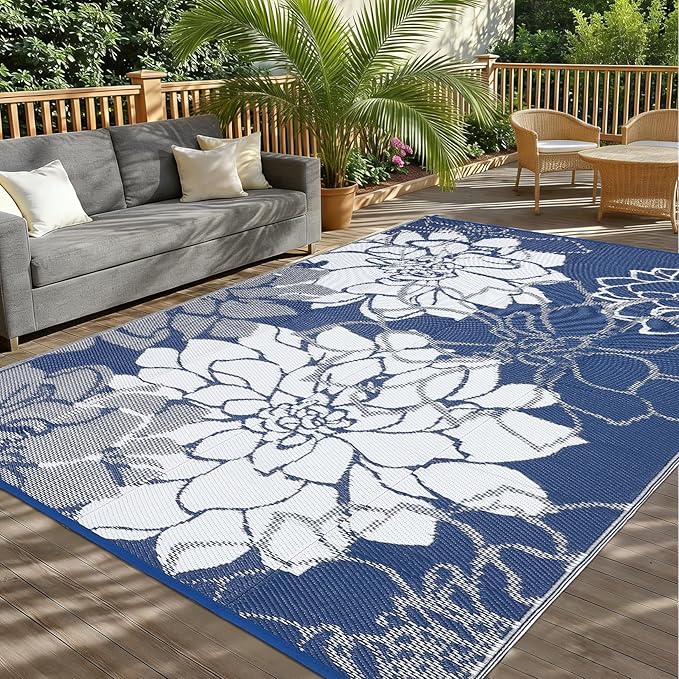 Outdoor Rug 9x12 Reversible Modern Floral Patio Rug Waterproof & Washable Outside Carpet, UV Weather Resistant RV Camping Mat, Durable Plastic Outdoor Carpet for Garden Yard, Dark Blue