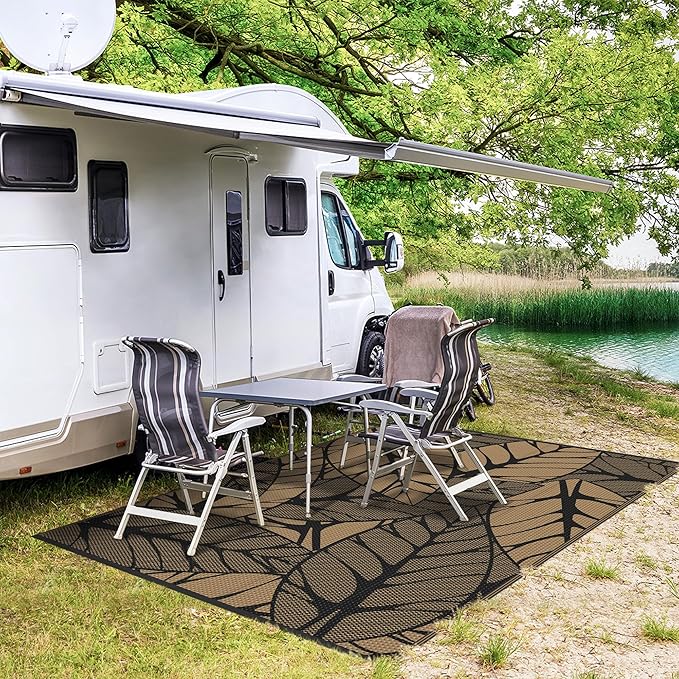 GENIMO Outdoor Rug 6' x 9' Waterproof for Patio Clearance, Reversible Plastic Straw Camping Carpet, Lightweight Mat for Rv, Camper, Deck, Porch, Picnic, Balcony, Beach, F.Black & Brown