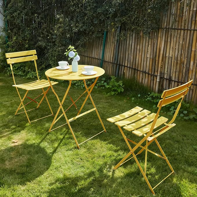 3 Piece Bistro Set, Folding Patio Furniture Set, Outdoor Table and Chairs Set for Patio, Garden, Balcony and Poolside, Yellow