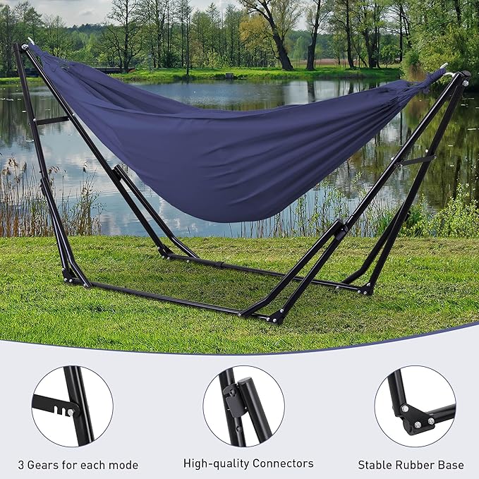 Ainfox Hammock with Foldable Stand, 2 in 1 Hammock and Swinging Chair with Carrying Bag, Portable Camping Chair Suitable for Outside, Swing,Patio,Garden,Camping Trip Blue