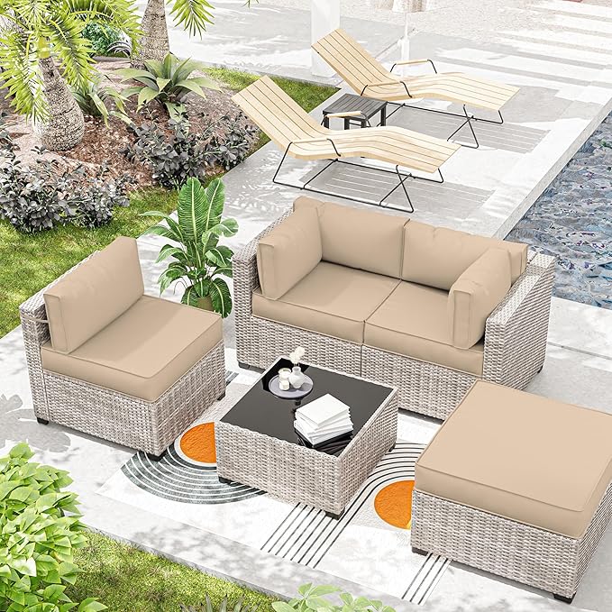 Outdoor Cushions for Patio Furniture with 5 Pillows, Waterproof Patio Furniture Cushions Replacement, 4" Deep Seat Outdoor Sectional Cushions for 4-seat Patio Furniture Chair Sofa Couch,Sand