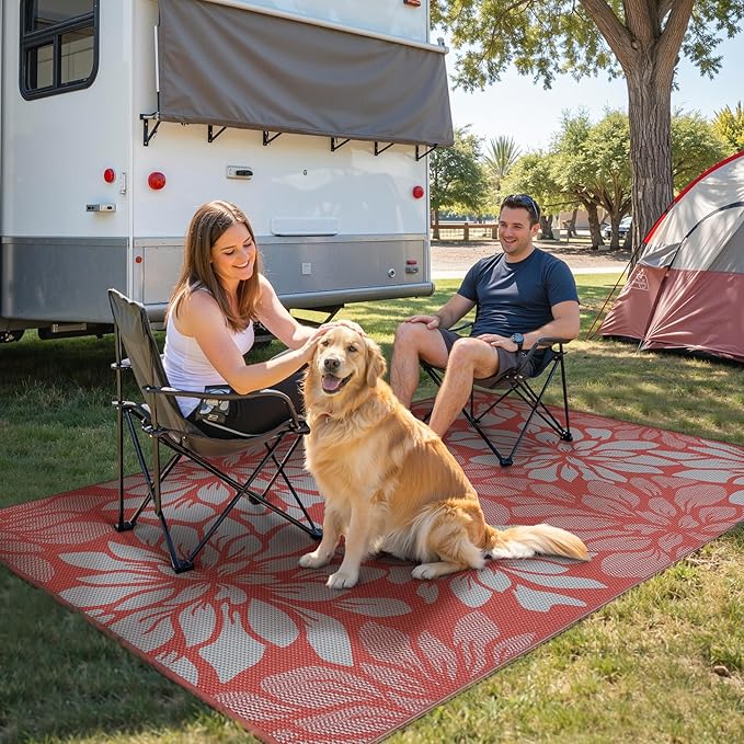 GENIMO Outdoor Rug Waterproof for Patio Decor, 6' x 9' Reversible Plastic Straw Floral Camping Carpet, Large Area Rugs Mats for RV, Camper, Deck, Balcony, Porch, Beach, Picnic, Red & Grey
