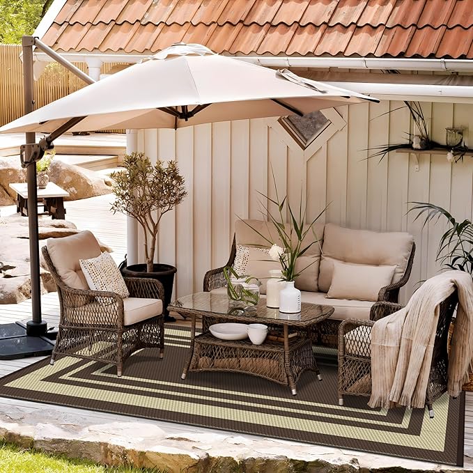 GENIMO 6' x 9' Outdoor Rug Waterproof for Patio Decor, Reversible Plastic Straw Area Rugs Mat for Camper, Outside Carpet for Rv, Deck, Porch, Picnic, Balcony, Mix-Coffee & Beige