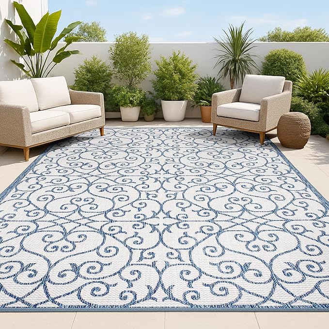 JONATHAN Y Vintage Filigree Indoor Outdoor Area Rug 8X10 Blue/Cream, Madrid Textured Weave for Backyard, Patio, Porch, Easy-Cleaning, High Traffic, Pet-Friendly, Non-Shedding (SMB107F-8)