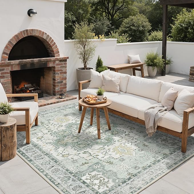 GENIMO Outdoor & Indoor Area Rug 5'x8', Waterproof, Non-Shedding, Easy Cleaning, Boho Mat for Patio, Living Room, Balcony, Dining Room, RV, Deck, Bedroom, Camping, Outside Carpet,Light Green