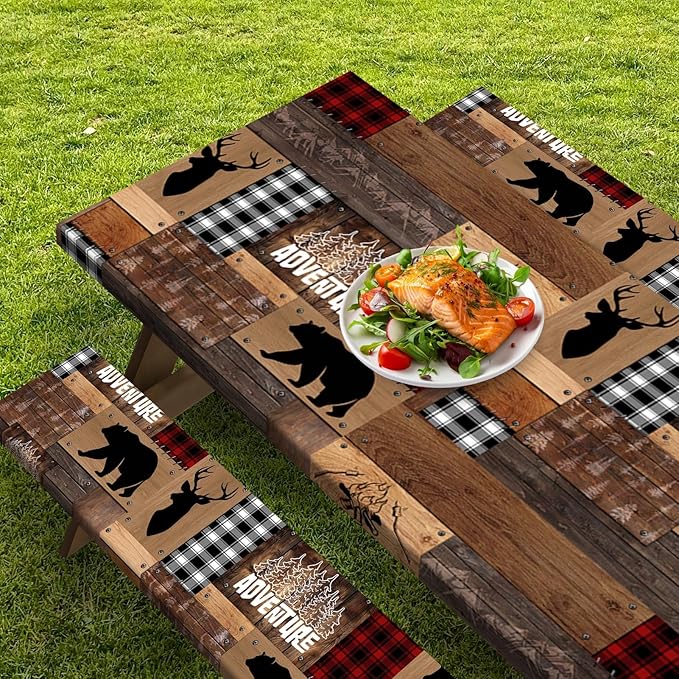 Picnic Table Cover with Bench Covers Elastic Edges, Retro Camper Fitted Table Cover, Outdoor Patio Camping Essentials 72 Inch 3PCS, Waterproof Camping Fitted Tablecloth with Drawstring Bag