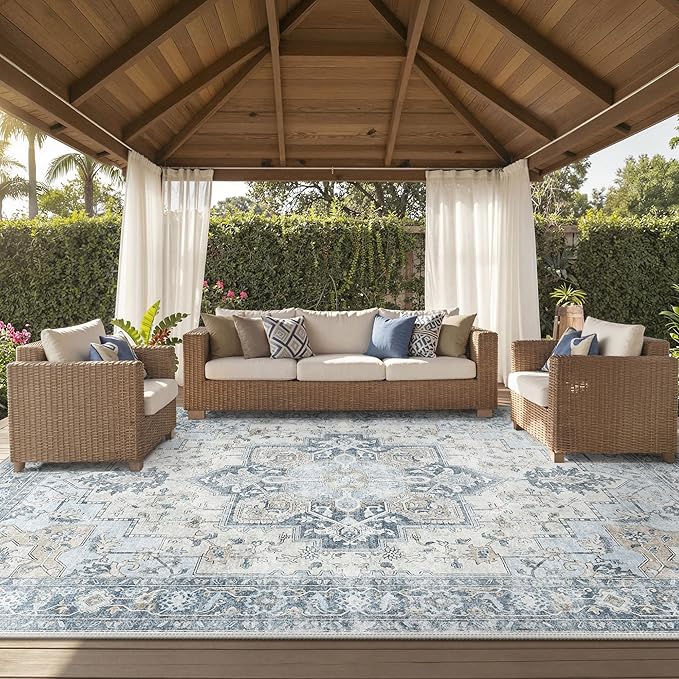 GENIMO Outdoor & Indoor Area Rug 10'x14', Waterproof, Non-Shedding, Easy Cleaning, Boho Mat for Patio, Living Room, Balcony, Dining Room, RV, Deck, Bedroom, Camping, Outside Carpet,Blue