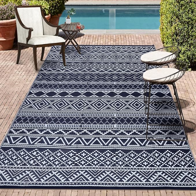 GarveeLife Outdoor Rug 8x10 Waterproof Plastic Straw Reversible Rug Modern Geometric Floor Mat for Outdoors, UV Resistant Foldable Portable Carpet for RV, Deck, Picnic, Dark Blue & White