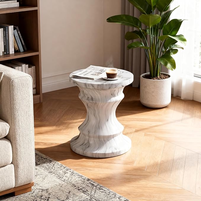15.35" Cement End Tables for Patio,Modern Small Round Side Faux Terrazzo Accent Table,Tree Stump Garden Stool Drum Indoor and Outdoor,Light Grey