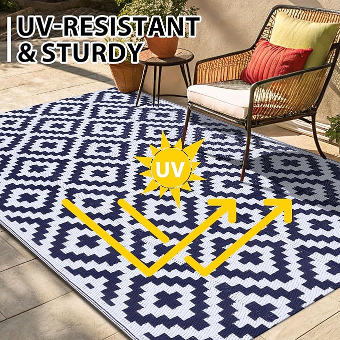 Smiry Waterproof Outdoor Rug 9x12 ft, Reversible Plastic Straw Patio Camping Rugs, Outdoor Indoor RV Mat Carpet for Patio, Outside Entry, Backyard, Deck, Bench, Picnic, Camper, White & Navy