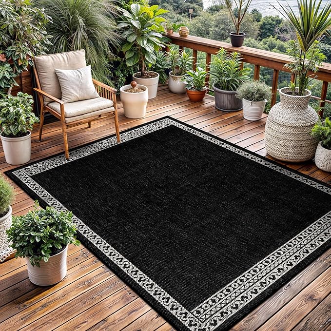 Washable Outdoor Rug 8x10 Modern Area Rugs Outdoor Carpets Bordered Pattern Non Shedding Waterproof Easy Clean Patio Deck Porch Living Room Bedroom Garden RV (8 X 10 Black)