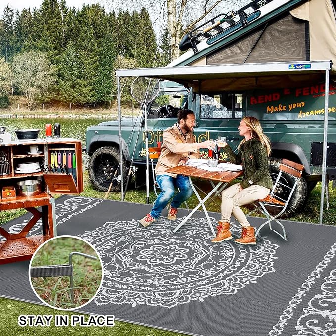 GAOMON Outdoor Patio Rug 8x10 Reversible Camping Mat, Stain-Resistant Plastic Straw Rug, Easy to Clean, Indoor Outdoor Carpet for Porch, Deck, Balcony, Beach, Garden, Grey/White(Medallion)