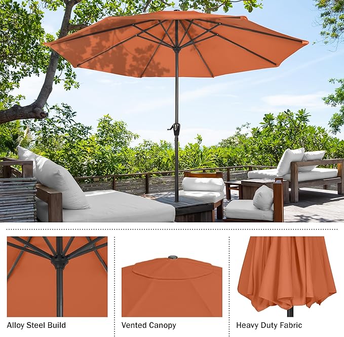 Patio Umbrella with Stand – 9 Ft Easy Crank Sun Shade with 19lb Weighted Base for Deck, Yard, Outdoor Furniture, or Pool by Pure Garden (Terracotta)