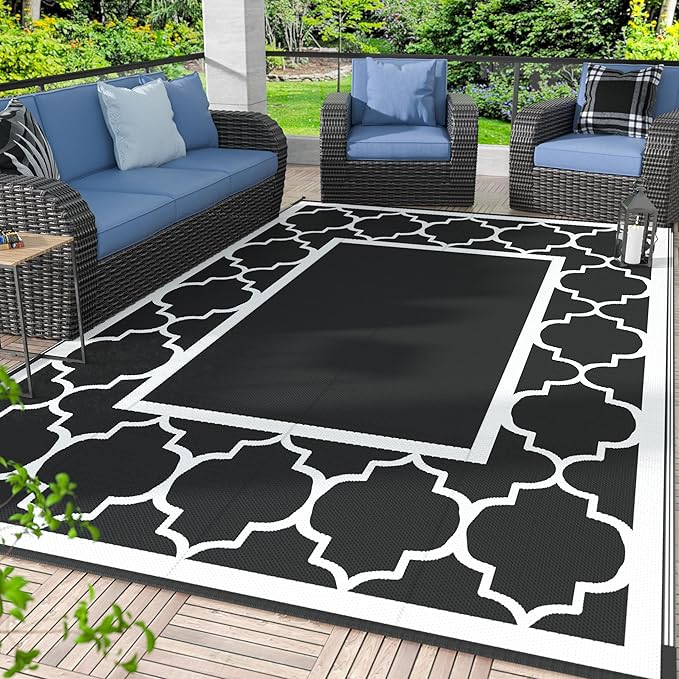 GENIMO 8 ' x 10 ' Outdoor Rug for Patio Clearance, Waterproof Indoor Outdoor Plastic Straw Rugs Carpet, Reversible Outside Area Rv Mat for Camping, Balcony Porch, Deck, Picnic, Beach (Black & White)