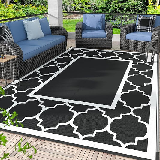 GENIMO 8 ' x 10 ' Outdoor Rug for Patio Clearance, Waterproof Indoor Outdoor Plastic Straw Rugs Carpet, Reversible Outside Area Rv Mat for Camping, Balcony Porch, Deck, Picnic, Beach (Black & White)