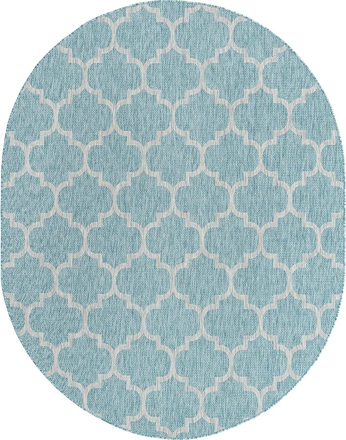 Unique Loom Outdoor Trellis Collection Area Rug (7' 10" x 10' Oval, Aquamarine/ Gray)