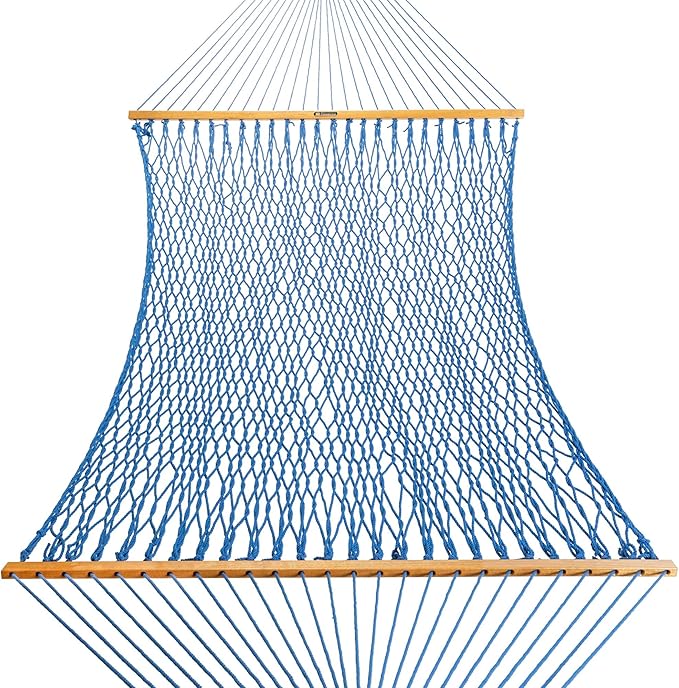 Original Pawleys Island Deluxe Coastal Blue DuraCord Rope Hammock – 13 ft. x 65 in, 2-Person, 450 lb Capacity, Oak Spreader Bar, Zinc-Plated Hardware, Handcrafted in The USA