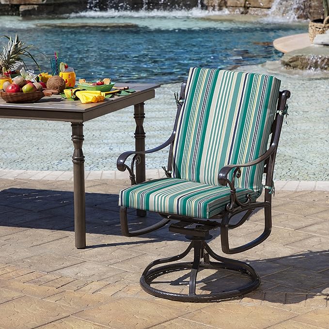 Arden 2-Pack Outdoor Patio Dining Chair Cushion, 20x44, Rain-Proof Seat Pad, Fade-Resistant Outdoor Cushion Teal Cobalt Stripe