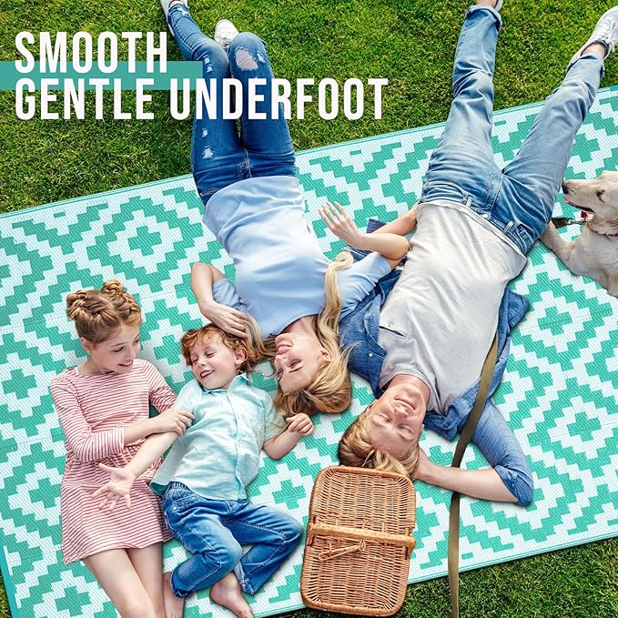OLANLY Waterproof Outdoor Rug 6x9 ft, Outdoor Plastic Straw Rug for Camping, RV Mat Outside, Outdoor Carpet for Porch, Deck, Backyard, Balcony, Picnic, Turquoise & White